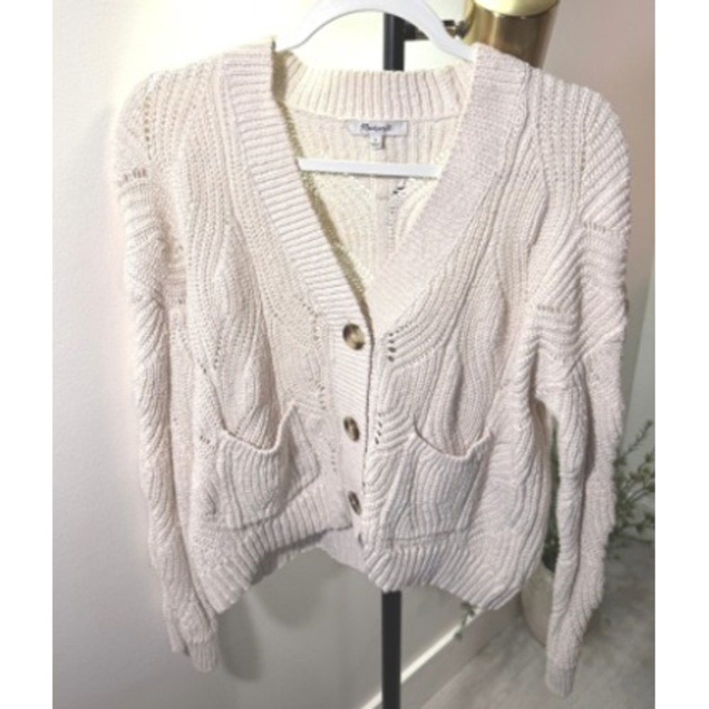 Madewell cardigan pointelle bone neutral 3 button essential knitwear capsule SM - Picture 3 of 8